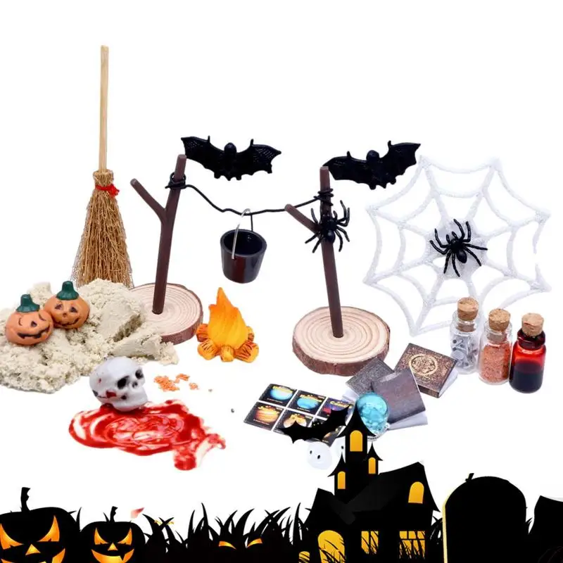

Набор для кукольного домика на Хэллоуин, ужасная игрушка на Хэллоуин, набор с тыквенными черепами и головами летучей мыши, 27 миниатюрных кукольных домиков
