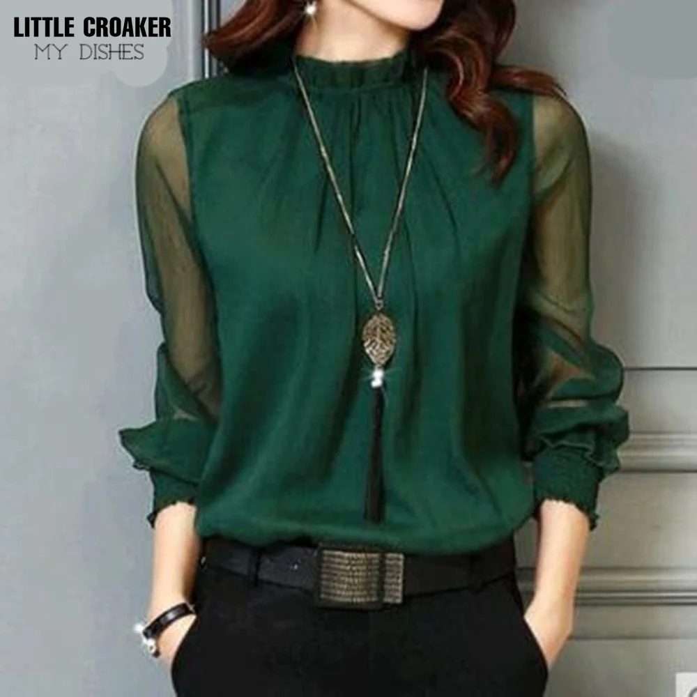 

Chiffon Blouse New Women Tops Long Sleeve Stand Neck Work Wear Shirts Elegant Lady Casual Blouses women's blusas Plus size