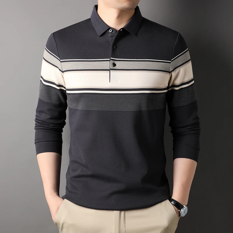 

High Quality Men's Long Sleeve Polos Shirts Trun Down Collar Striped Patterned Breathable Spring Autumn Formal Male Shirt
