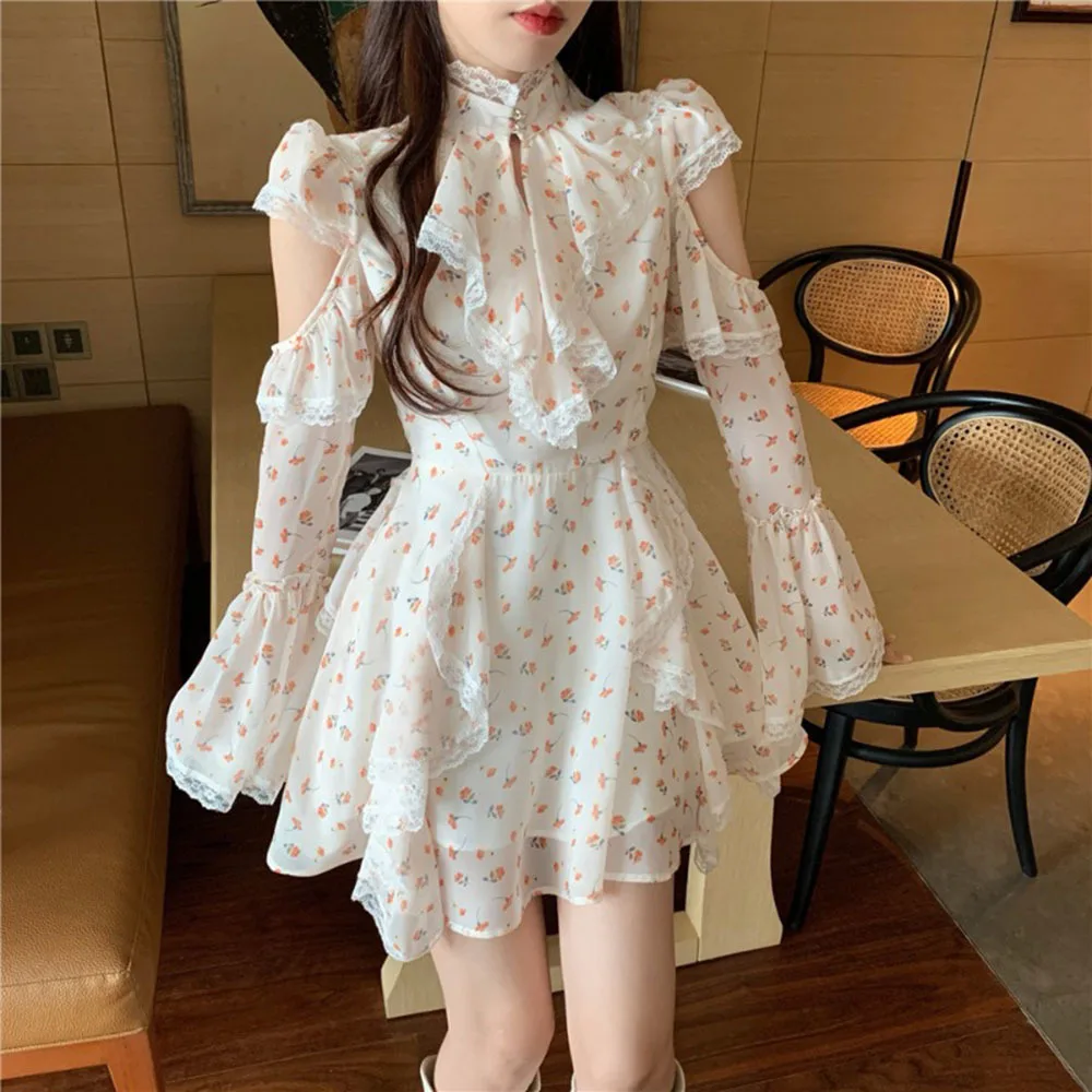 

2022 Spring Floral Dress Women Flare Sleeve Lace Chiffon Slim Flower Mini Dress Female Party Elegant One Piece Dress Korean Chic