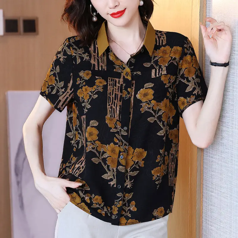 

Summer Women's Short Sleeve Floral Printed Vintage Button Tops Elegant Fashion All-match Polo-Neck Loose T-shirt Female Clothing