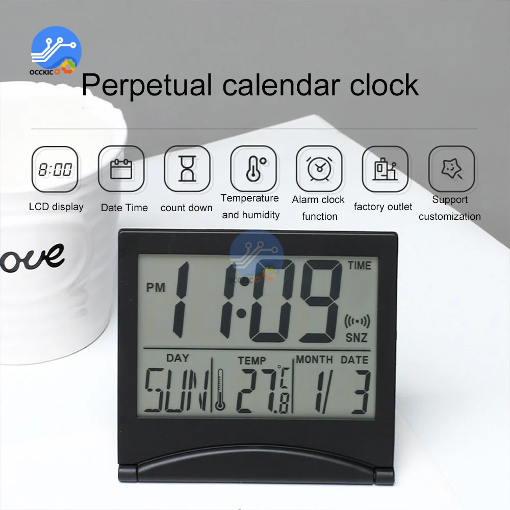 

Foldable LCD Digital Alarm Clock Folding Travel Calendar Temperature Snooze Clock Desktop Perpetual Calendar Electronic Clock