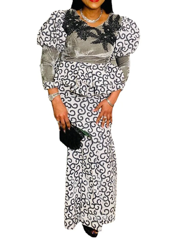 

2 Piece Skirts Sets African Clothes Women Lantern Sleeve Tops Mermaid Skirt Suit Summer New Patchwork African Party Outfits 2022