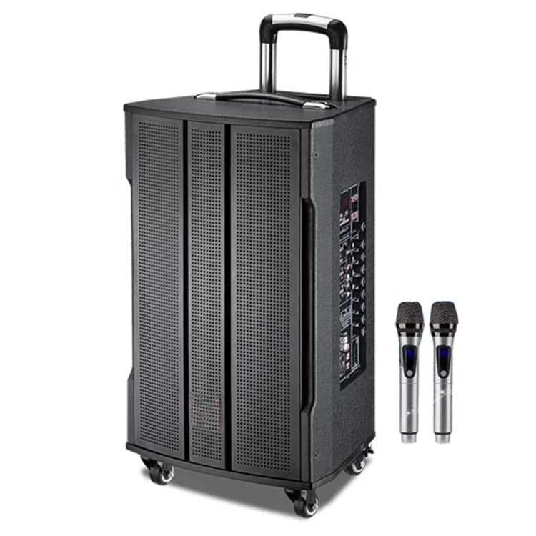 Перезаряжаемый 10-дюймовый деревянный динамик на колесиках с двумя беспроводными