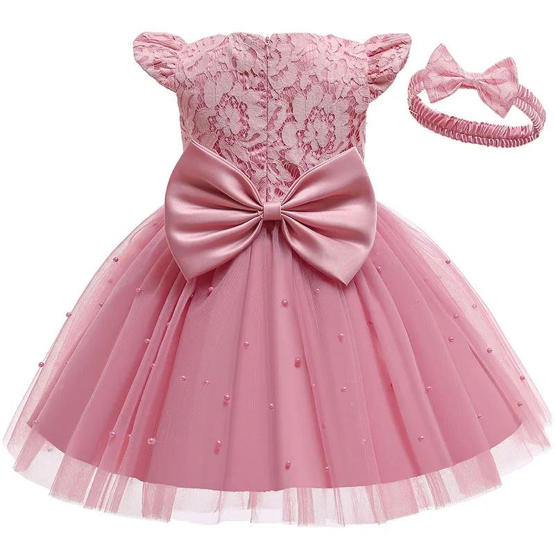 

Ins 2021 New Children Clothing Pearl Bowknot Pink Mesh Lace Baby Girl Princess Dress For Girls Party Puffy Dresses Send Headband