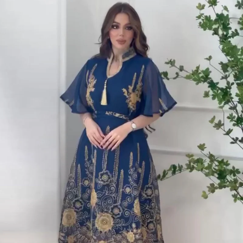 2023 Spring Summer Muslim Women V-neck Polyester Blue Dark Blue Dark Green Long Pleated Abaya Muslim Fashion Dress Abaya Dress