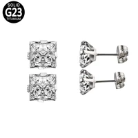 astm f136 titanium high polished prong set square cz earring stud piercing earring studs earlobe 3 8mm zirconia ear ring jewelry