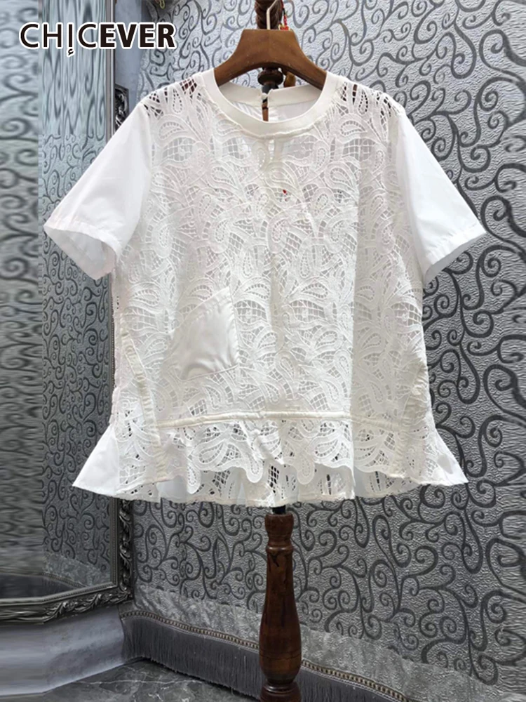 

CHICEVER Summer White Shirt For Women Lapel Short Sleeve Lace Panel Solid Minimalist Button Through Blouse Female Clothing Style