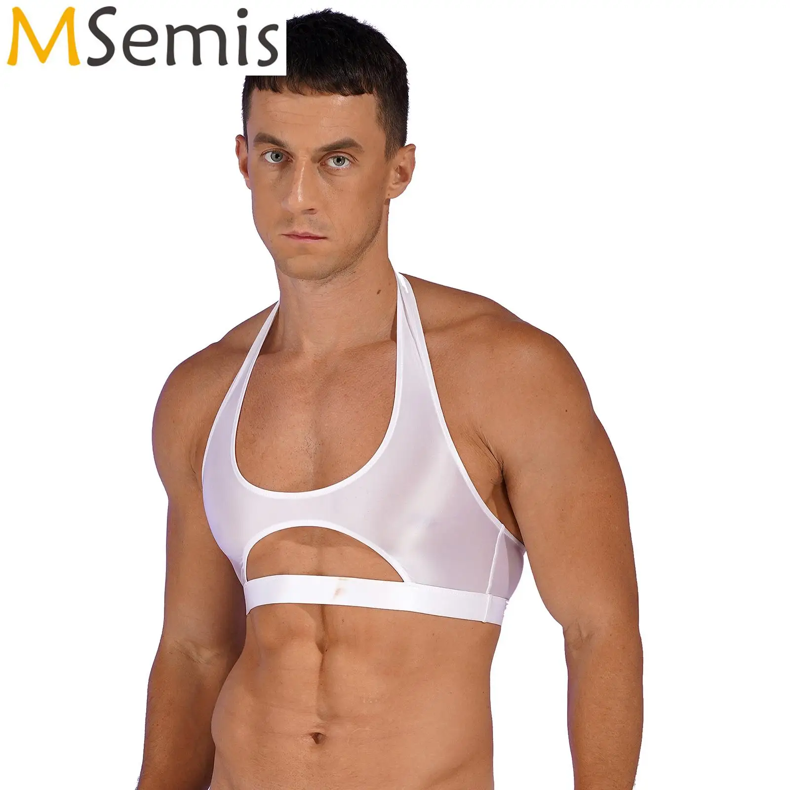 

Mens Swimsuit Tops Glossy Cutout Halter Vest Solid Color Stretchy Backless Crop Top for Workout Gym Fitness Pool Party Nightclub
