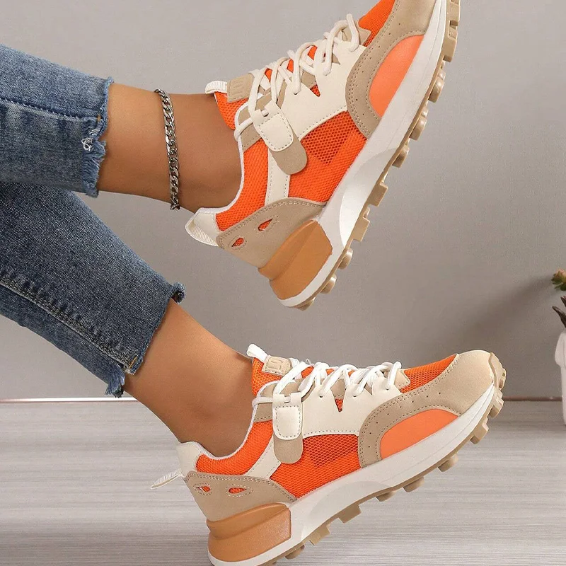 Women Summer Color Block Letter Patch Decor Sneakers Soft Sole Shoes Women Chunky Heel Fashion Sneaker Breathable Sneakers