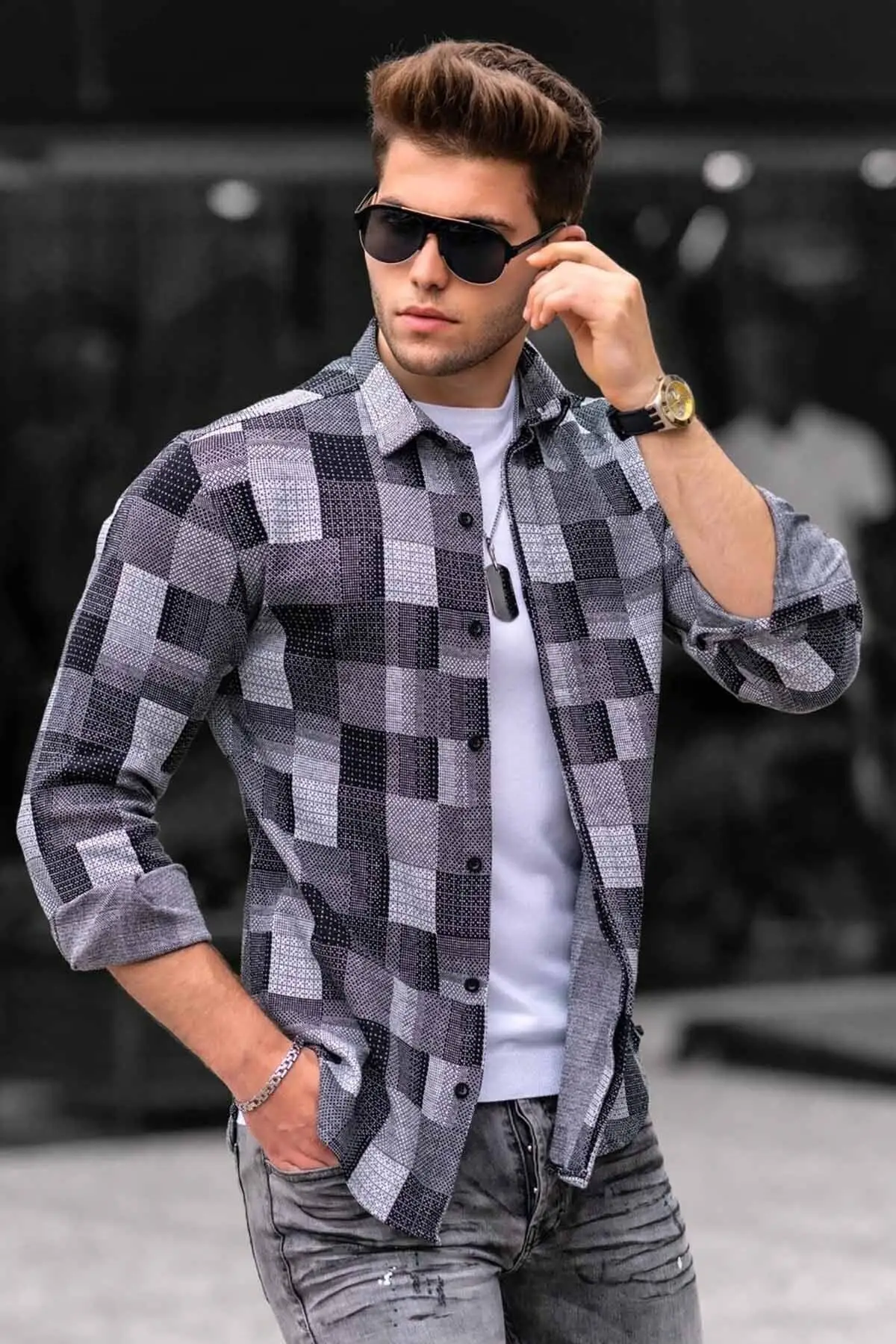 

Мужская хлопковая рубашка в клетку в стиле кэжуал