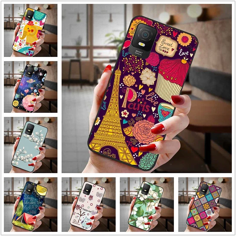 Мягкий силиконовый чехол для TCL 403 с цветами и 3D тиснением черный из ТПУ чехлы