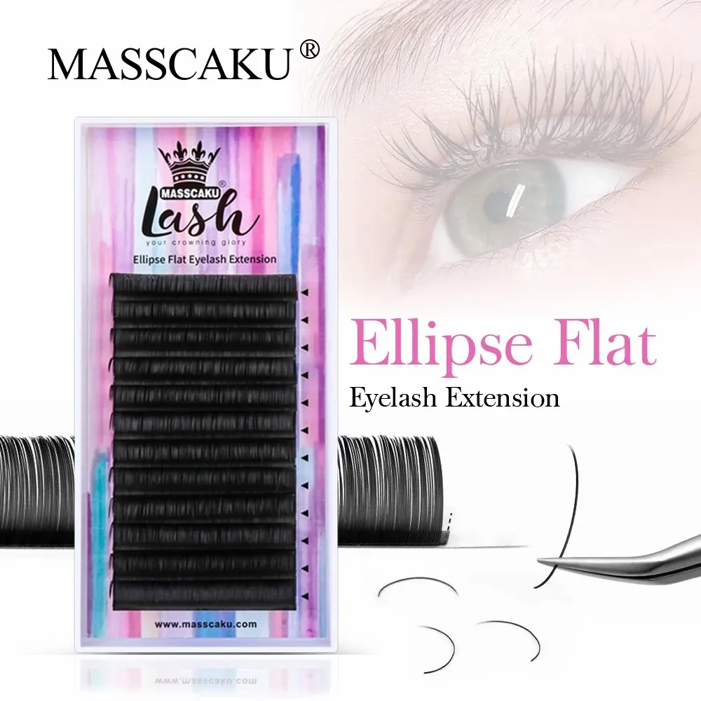 

MASSCAKU Flat Ellipse Eyelashes Soft Natural Light Split Tips Shaped Lashes Dark Matte Makeup Supplies Eyelash Extension