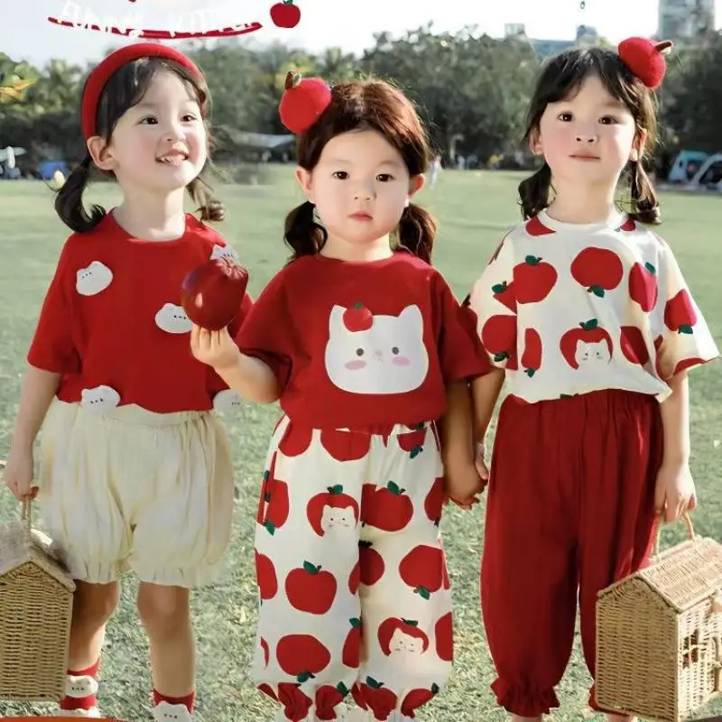 

Baby Girls Cotton Clothes Summer Apple Print Tshirts and Pants Set Kids Top Shorts Suit Children's Loungewear Infant Outfits