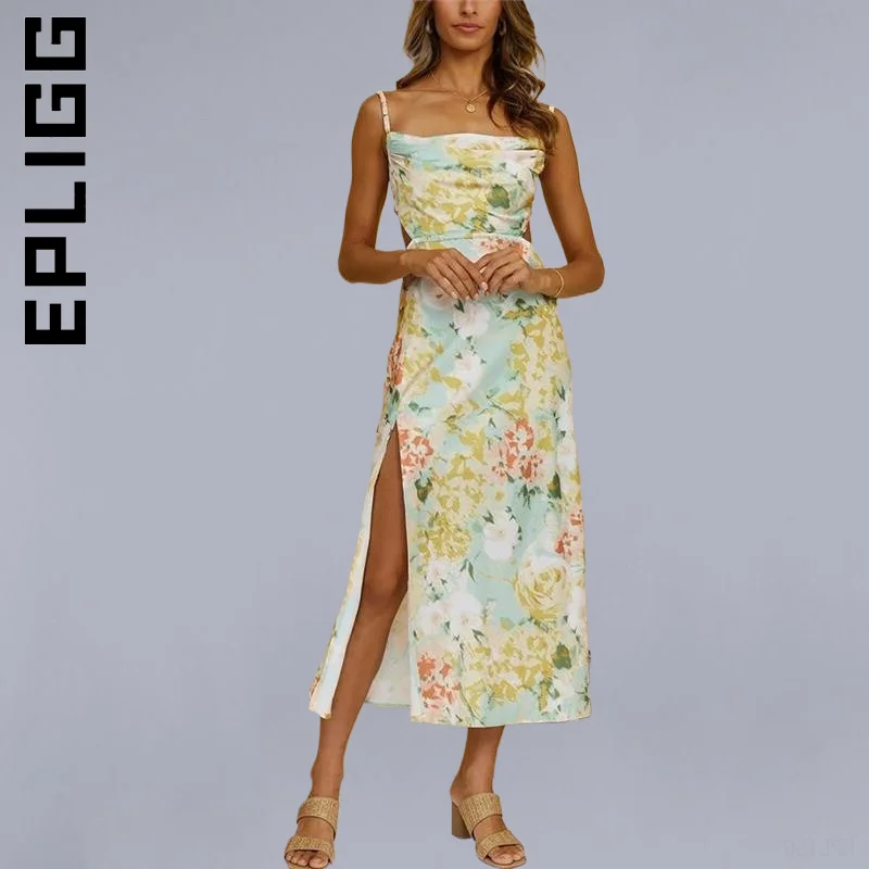 

Epligg New Dress Women Chic Sleeveless Backless Side Split A Line Dress Popular Soft Dresses Vocation Style Elastic Vestidos