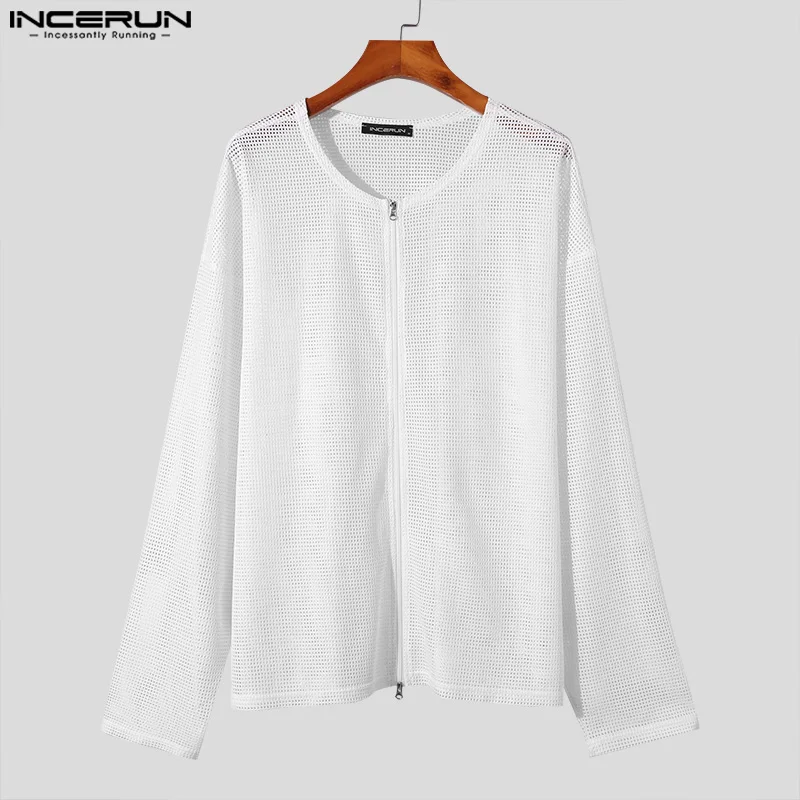 Рубашка INCERUN Мужская сетчатая Прозрачная с круглым вырезом и длинным рукавом на