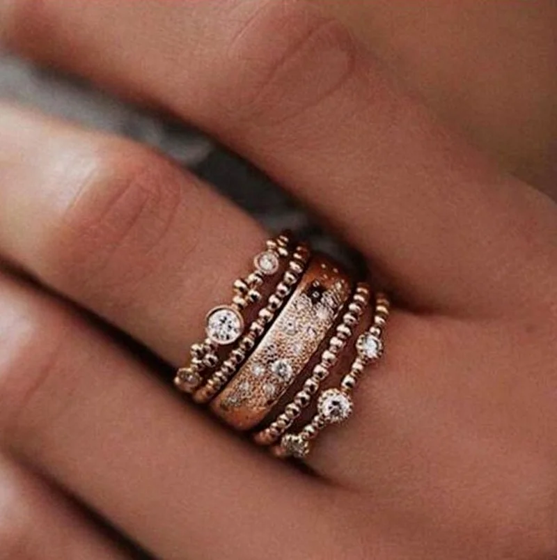 

2020 new design simple round gold ring 5 pieces suit for women handmade geometric finger ring suit women jewelry gifts