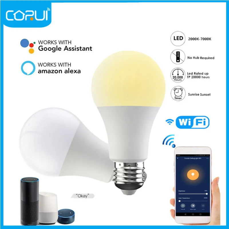 

Умная лампа Corui, Wifi, Затемняющая лампочку Semart Life, 15 Вт, холодный теплый умный дом, гаджеты, лампочка с голосовым управлением, работает с Alexa Google...