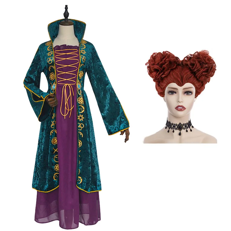 

Hocus Pocus Winifred Sanderson косплей костюм и парик Хэллоуин Карнавал ведьмы платье женские вьющиеся волосы аксессуары