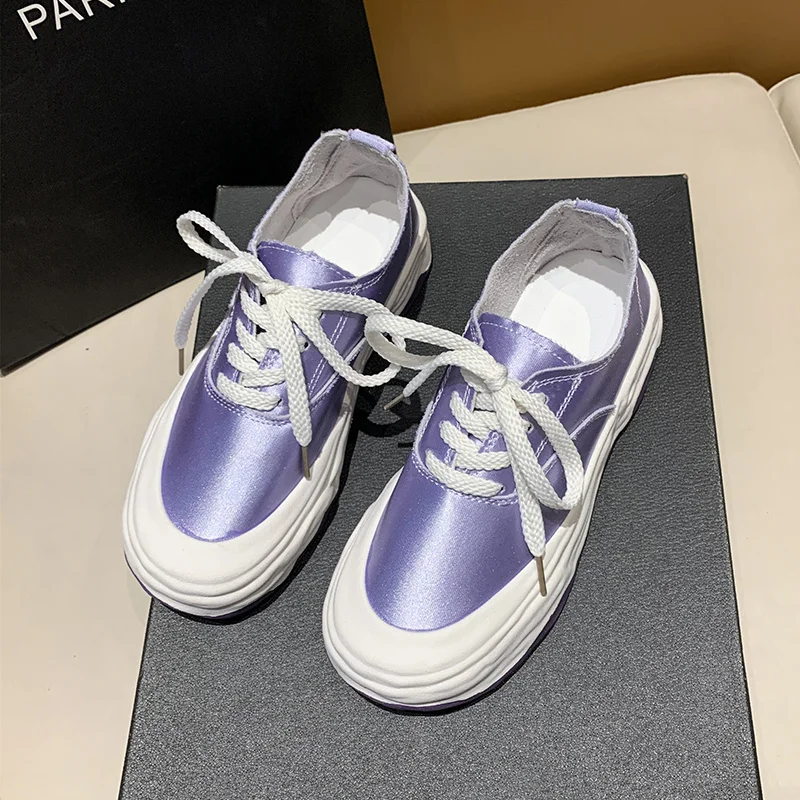 2023 Light Luxury Style Satin Face Dissolving Sole Casual Shoes Summer New Thick Sole Everything Canvas Shoe Candy Color Lace-up