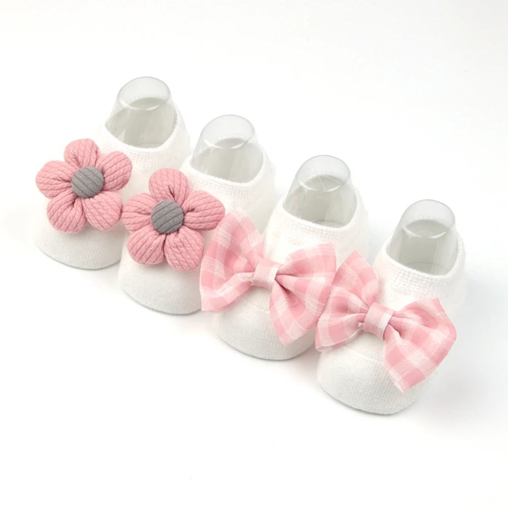 

2 Pairs Newborn Baby Boat Socks Cotton Bow Flower Sock Infant Non-Slip Warm Floor Socks For Girl Autumn Socks For Children 0-3Y