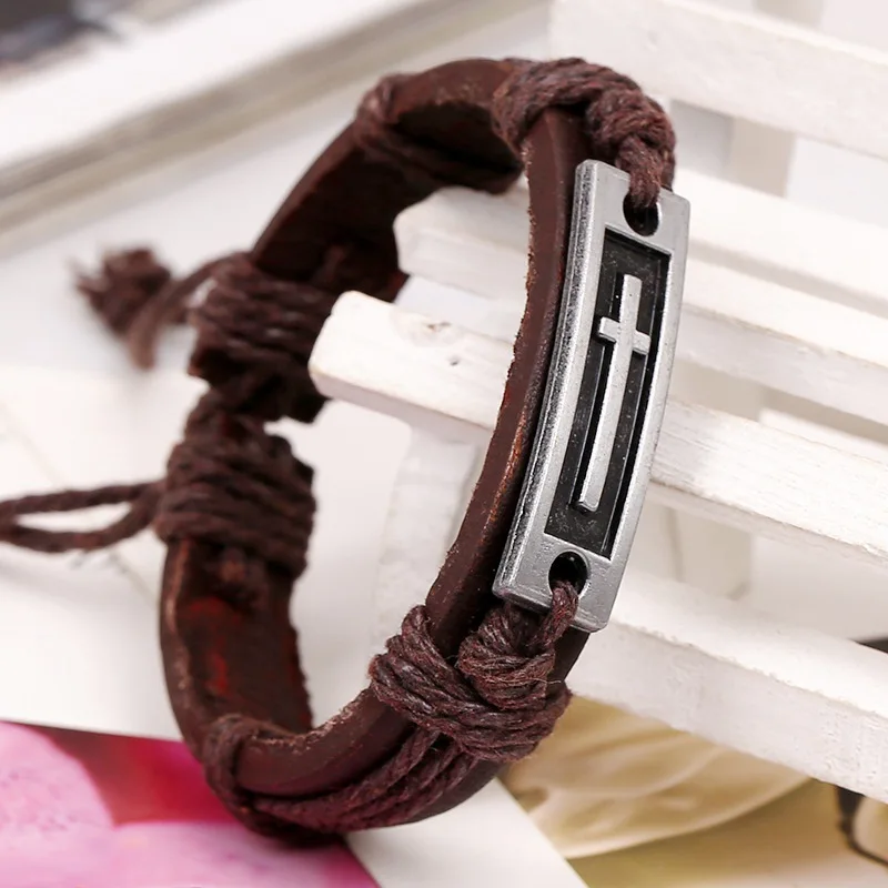 

Vintage Fashion Alloy Woven Cowhide Bracelet Cross Accessories Wholesale Jewelry Gifts