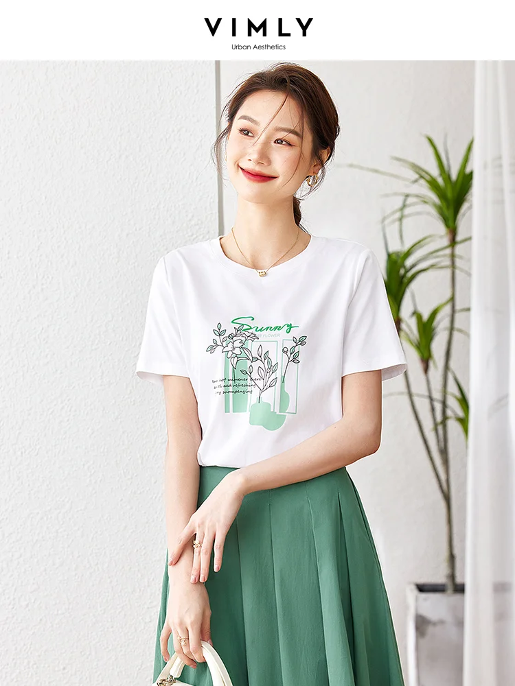 

Vimly Casual Printed White Short Sleeve T-shirts for Women 2023 New Summer Young Loose Top Cotton Straight Basic Tee Shirts