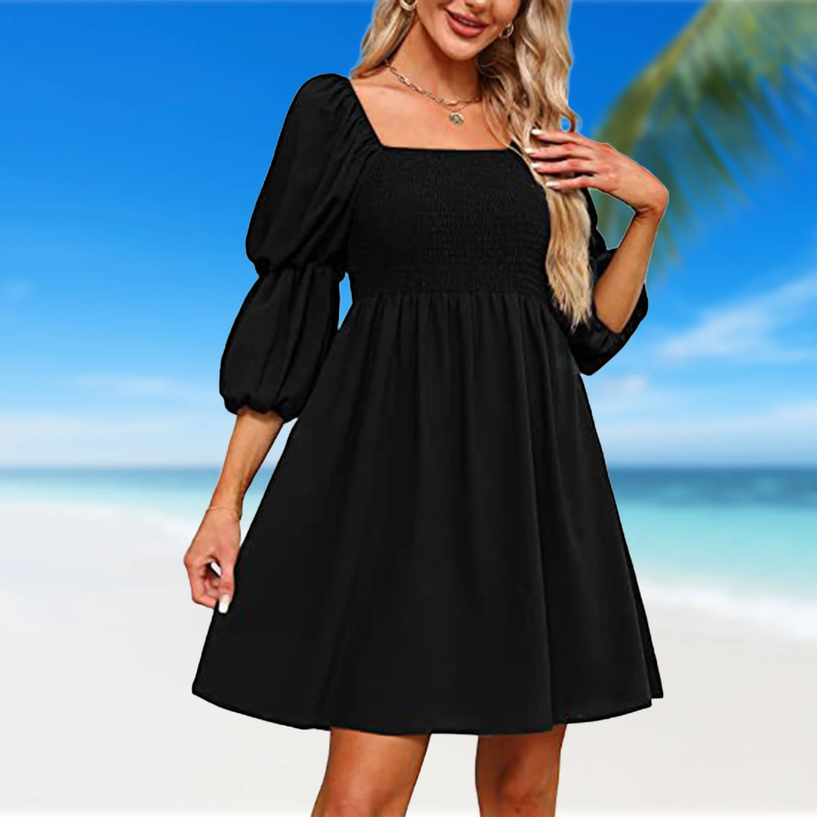 

Women A-Line Dress Pleated Square Neck Party Dresses Puff Sleeve Flowy Solid Color Backless Summer for Holiday Shopping