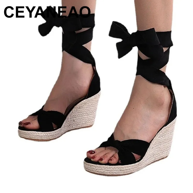 

Summer Wedge Heel High-heeled Sandals With Back Lace Straw Bottom Platform Gladiator Sandals Women women sandals