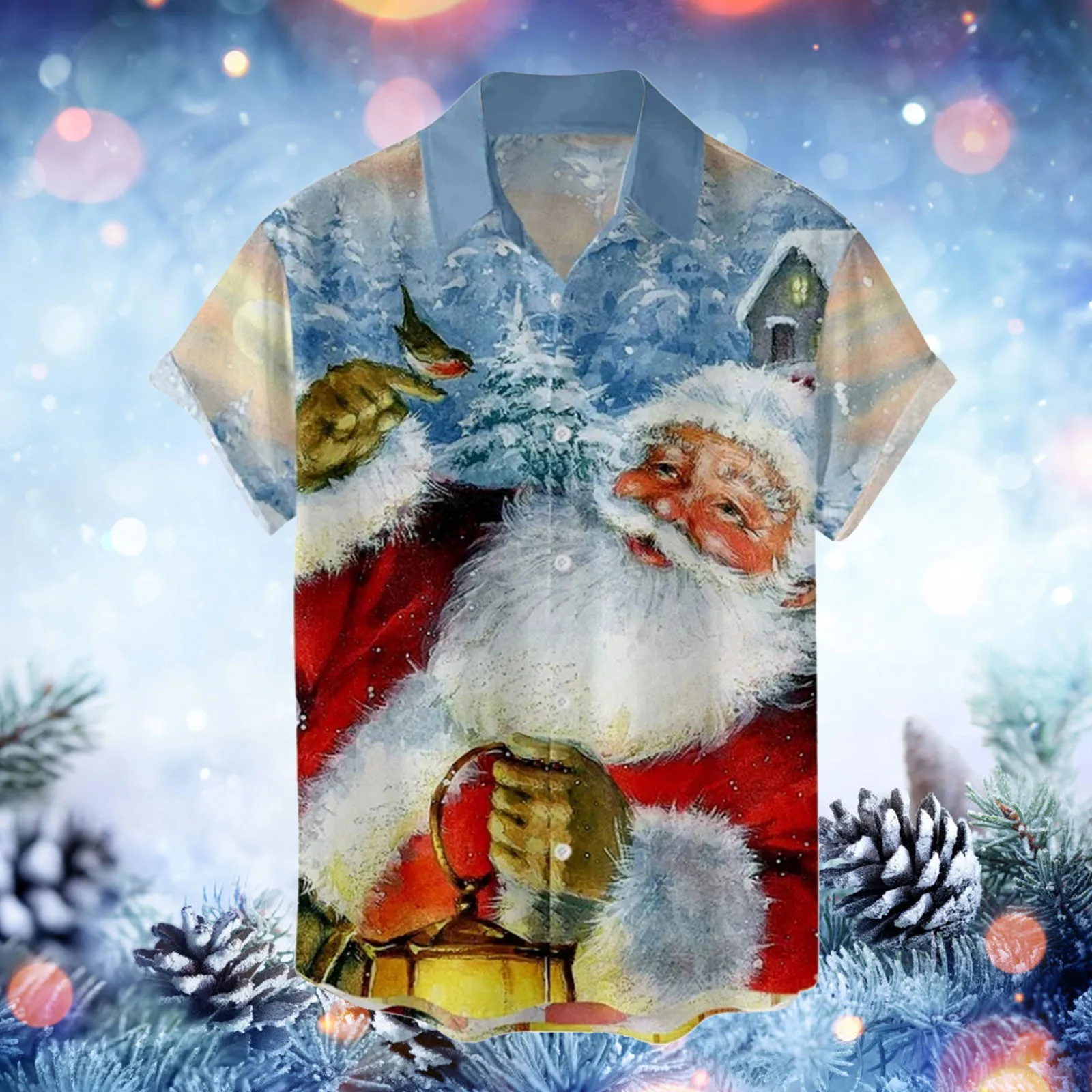 

Men's Winter Top Shirts Fashion Warm Print Short-sleeved Sweatshirt Casual Christmas Printed Blouse Pullover Collar T Shirts Men