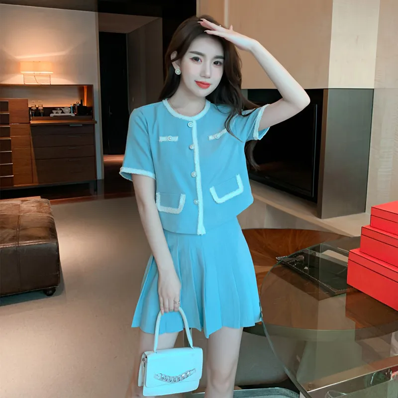 

Женский комплект из 2 предметов, милый пикантный Повседневный однобортный Топ с коротким рукавом и плиссированная юбка с высокой талией в К...