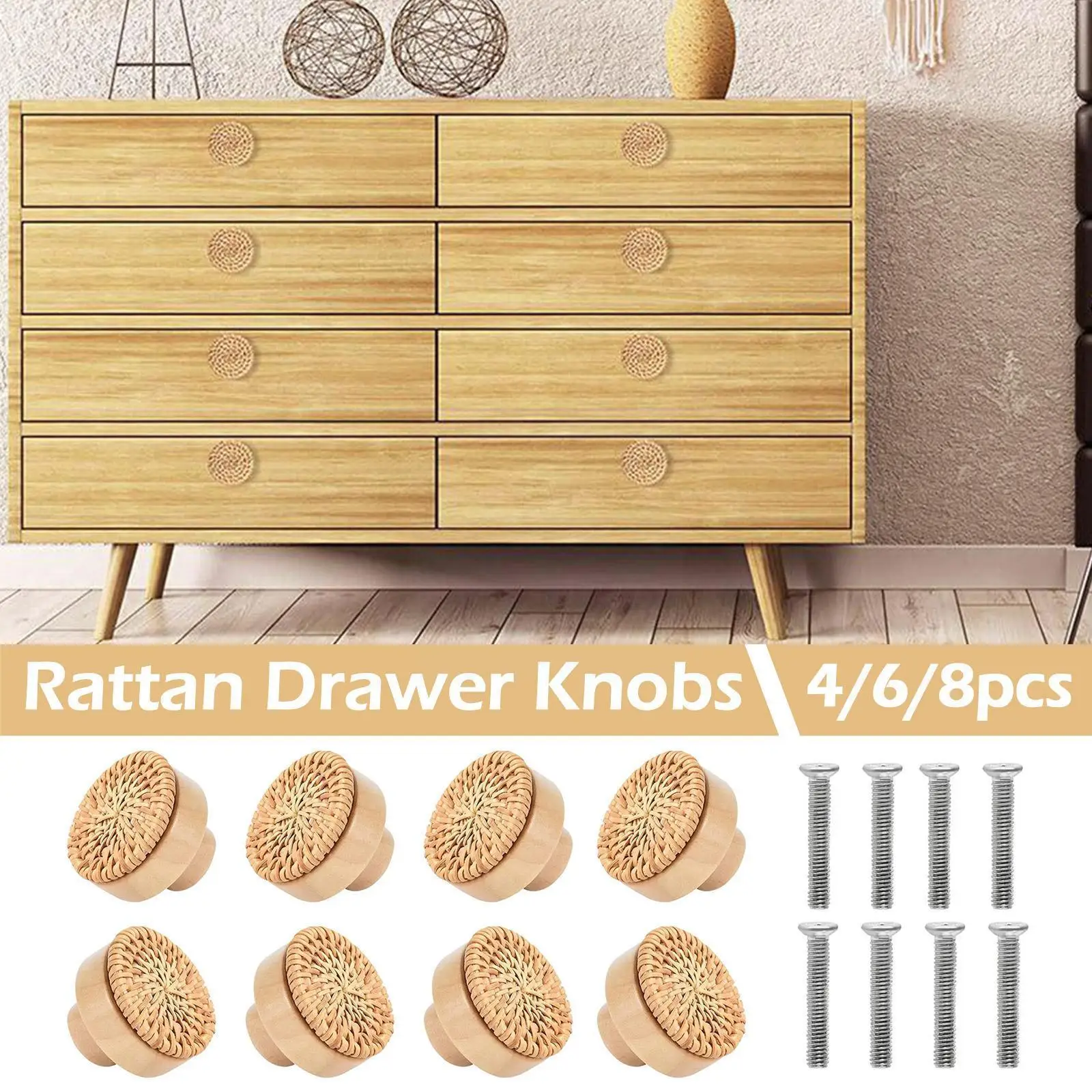 4/6/8pcs Wooden Handles Dresser Knobs Round Rattan Knobs Han