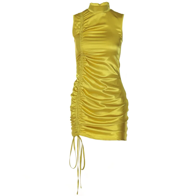 

Sexy Women Dress Fashion Solid Color Sleeveless Stand Collar Drawstring Zipper High Waist A-Line Dress Free Shipping