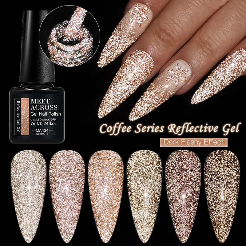 MEET ACROSS 7ml Coffee Series Reflective Gel Nail Polish Winter Autumn Glitter Dark Flashy Effect Art Varnish Manicure