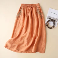 balonimo vintage elegant embroidery skirts women cotton linen style a line skirts female casual loose elastic waist long skirt