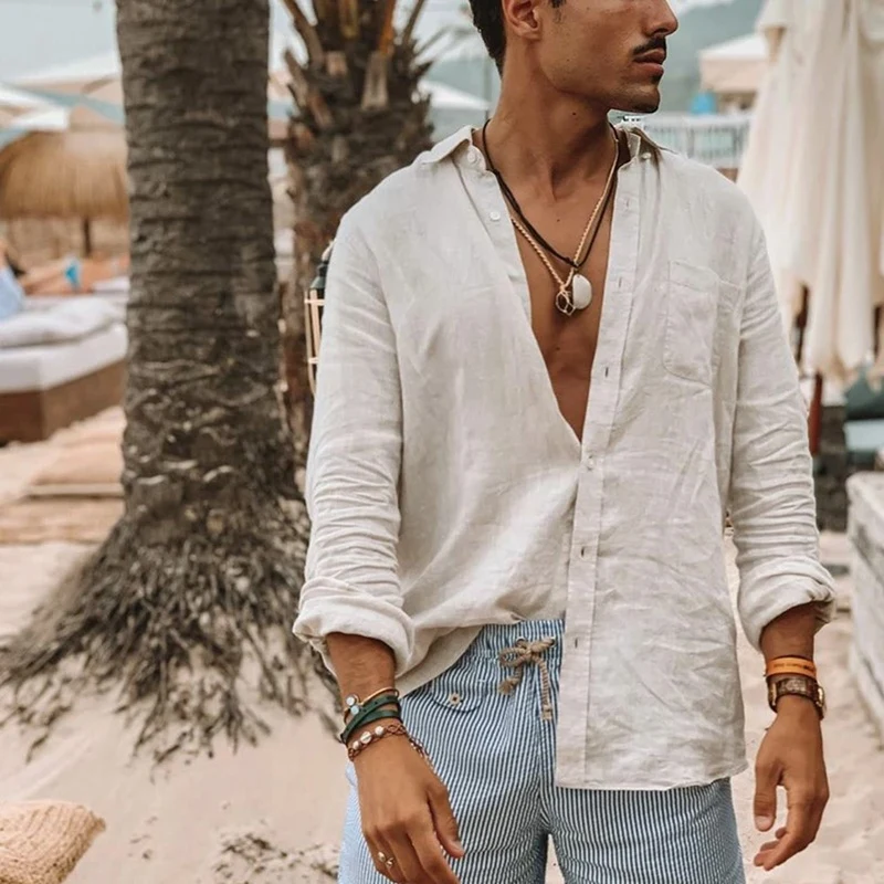 

Hot Kf-New Men Shirt Baggy Cotton Linen Solid Color Long Sleeve Button Retro Shirts Tops