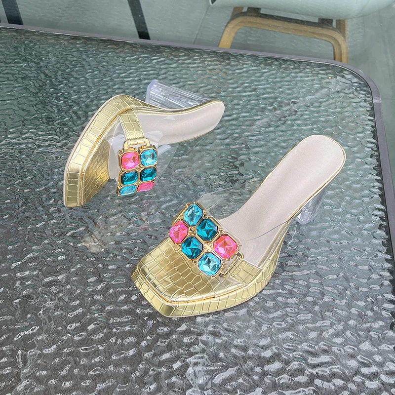 2023 Women's Summer High Heel Slide Mule Lady Cinderella Crystal Diamond Transparent Slippers Sandals Transparent High Heels