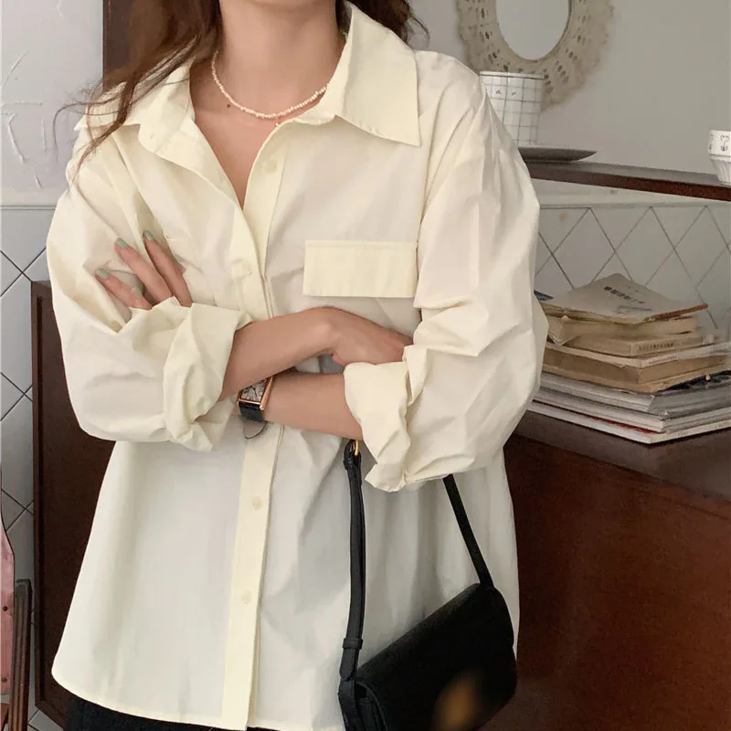 

Женская Свободная блузка на пуговицах, повседневная однотонная блузка с длинным рукавом, модель 9306 в Корейском стиле на осень, 23670