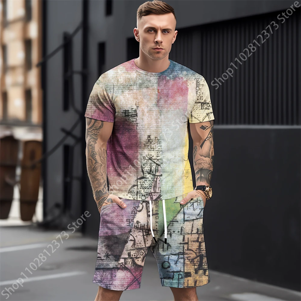 2023 Summer Mens Tracksuit Men Casual Street Men T-shirt+Shorts Two Piece Set Men Fashion 3D Splash-Ink Printing Clothes For Men