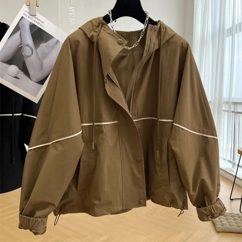 

Hooded Windbreaker Coat Casual Zipper Women Medium Long Spring And Autumn Camel Black Windbreak Jacket Female 2023 New