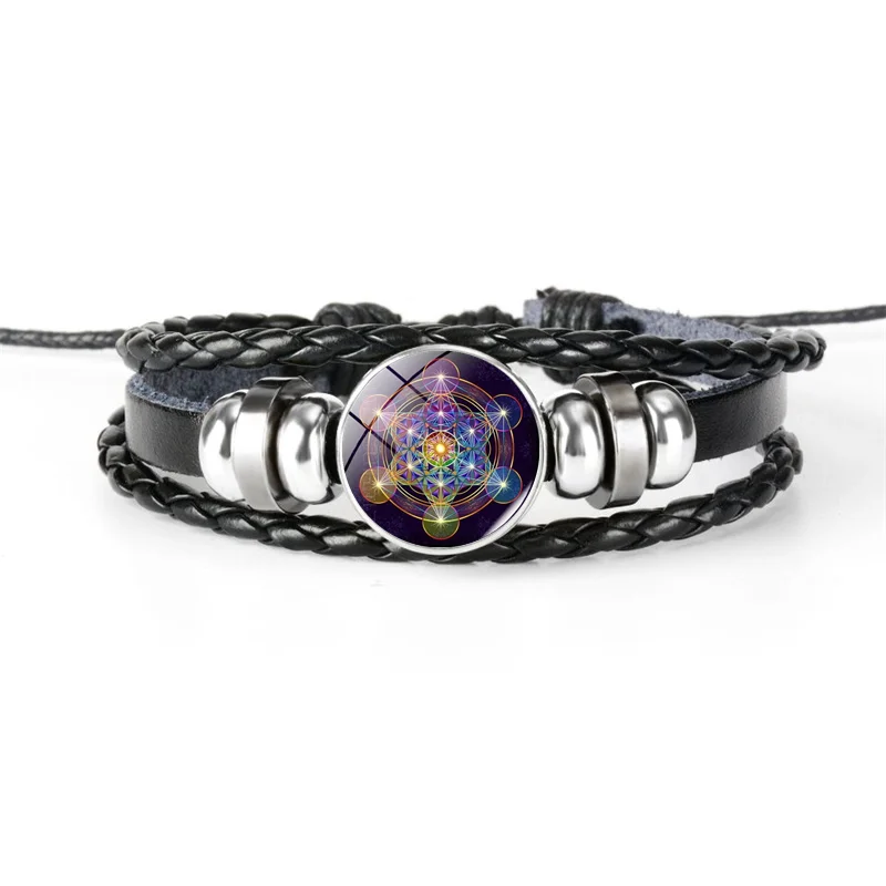 

Greek Sacred Geometry Bracelet Unique Metatron Flower of Life Chakra Multi Layer Leather Bracelet Magic Hexagon Bracelet Gift