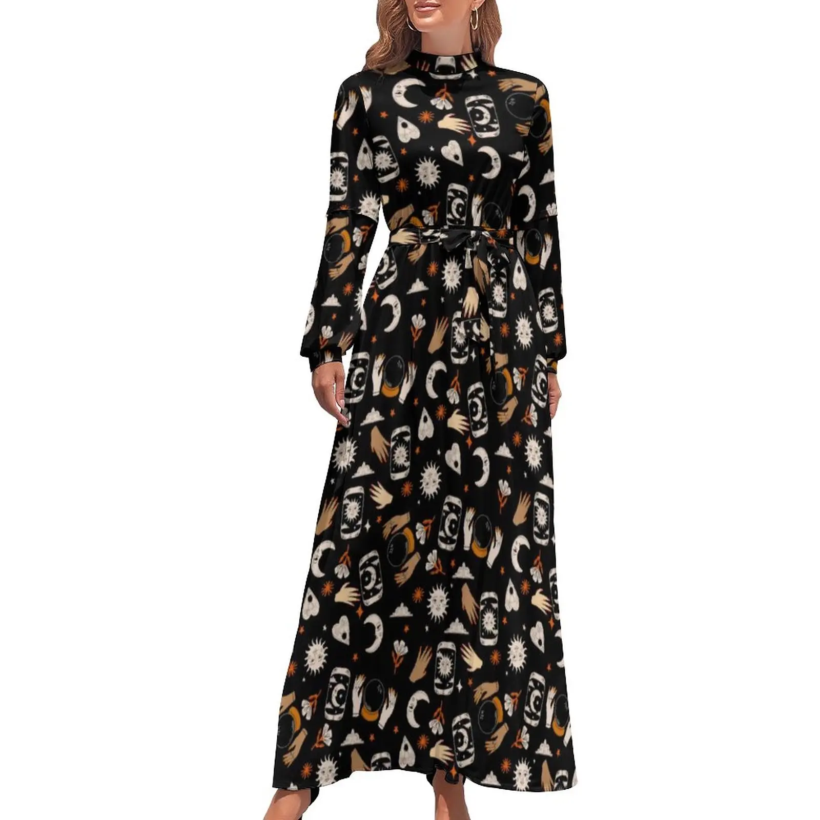 

Witch Halloween Dress Tarot Sun Moon Stars Print Street Wear Boho Beach Dresses High Neck Trendy Long Maxi Dress Printed Clothes