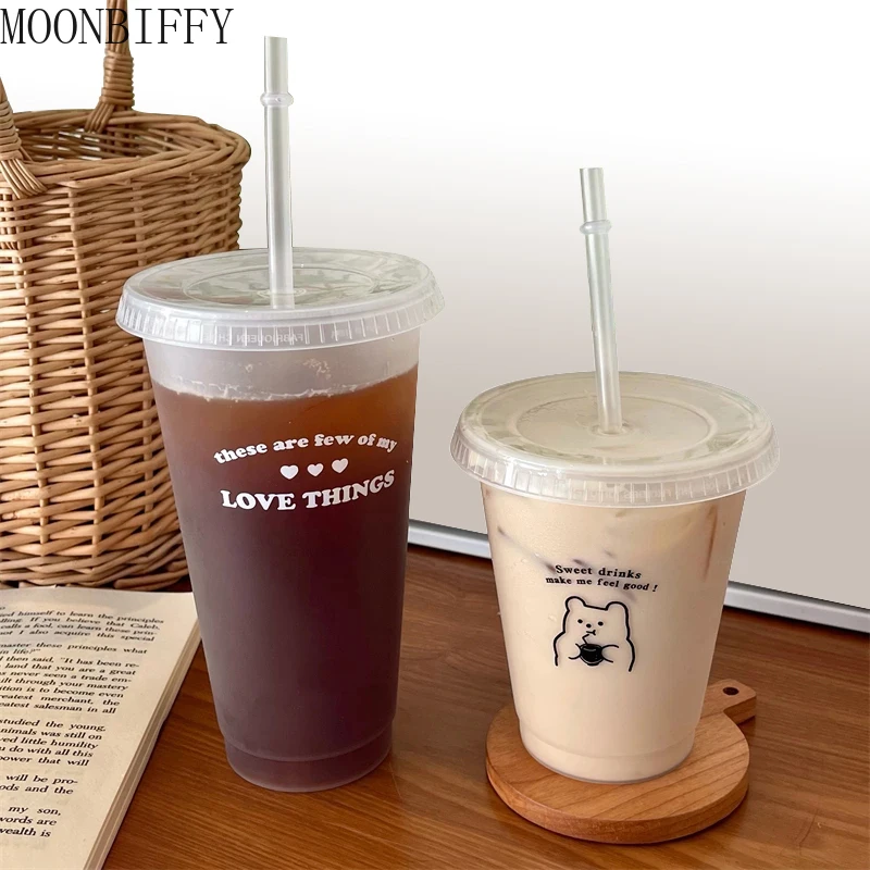 

480 / 700ML Cute Water Bottle with Straw Refillable Bottle BPA Free Transparent Coffee Mug Cola Mocha Milk and Juice Mugs