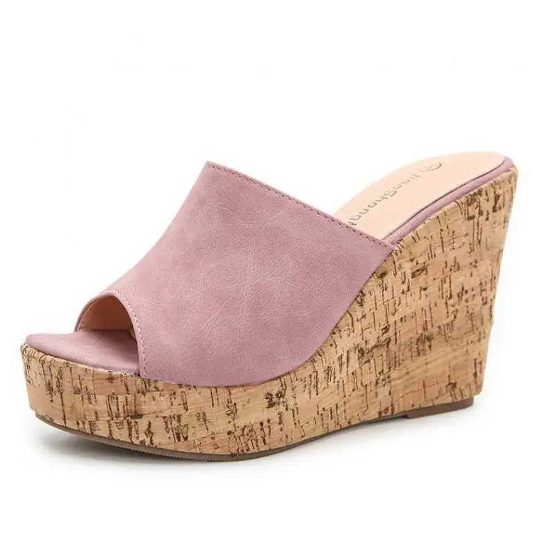 

Korean Style Women Slippers PU 11CM Wedges Peep Toe Slip-On Street Style Europe America Solid Platform Women Shoes New Red Blue