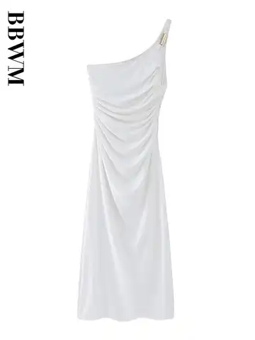 White Dress Woman Asymmetric Collar Dress Women Sexy Off Shoulder Fashion Dresses for Women 2023 Summer Chic Folds Midi Dress