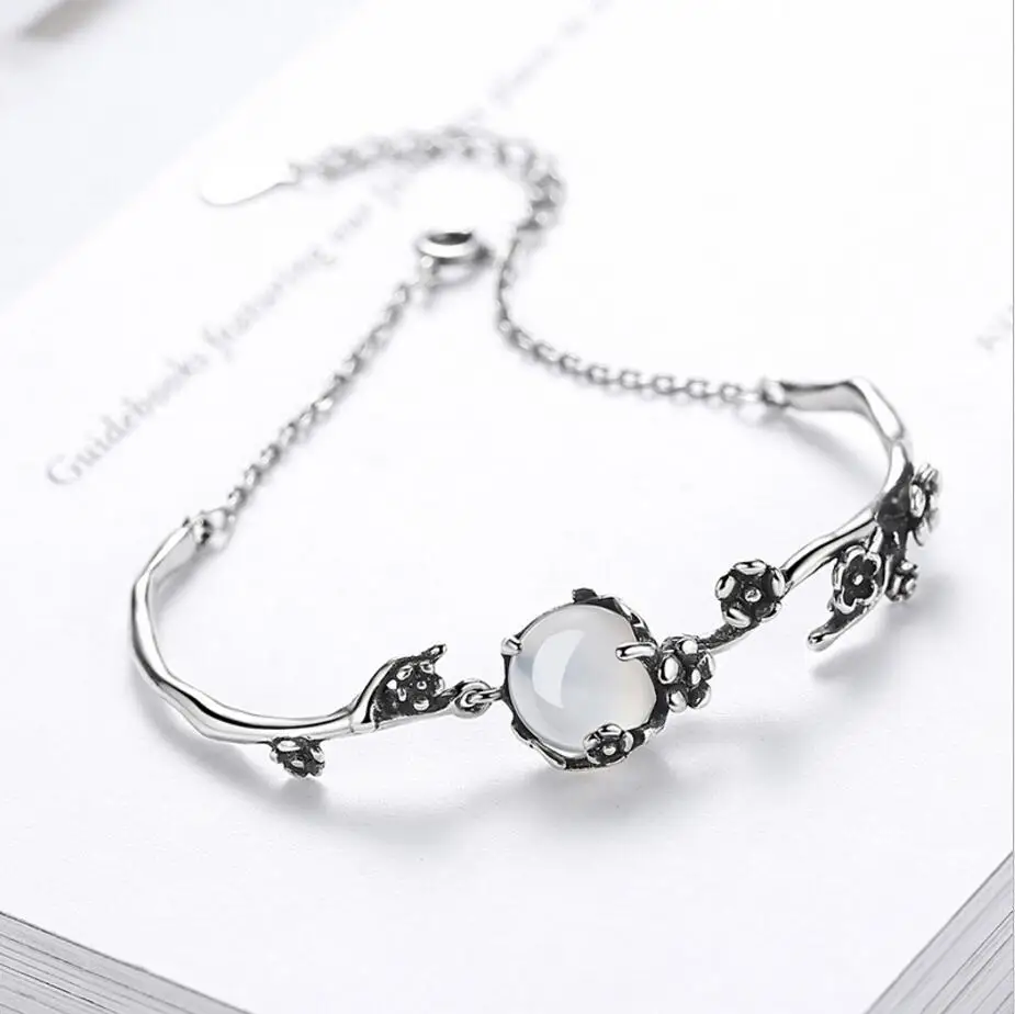 

925 Sterling Silver Bracelet Vintage Fashion 2023 Moonlight Stone Plum Flower Chain Linked For Women Bangle Jewelry Christmas