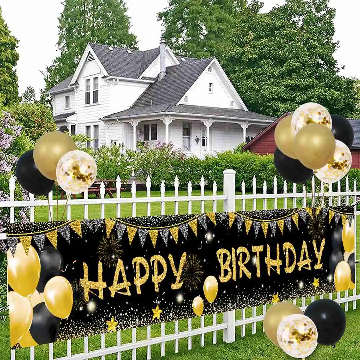 

Happy Birthday Backdrop Banner Photography Birthday Gold Confetti Balloons Kit Set Boys Girls Birthday Party Decoration Supplies