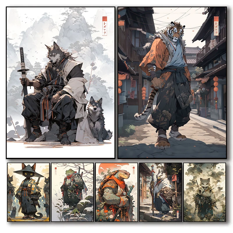 Японские Аниме-постеры в виде самурайского животного тигр кот волк печать на
