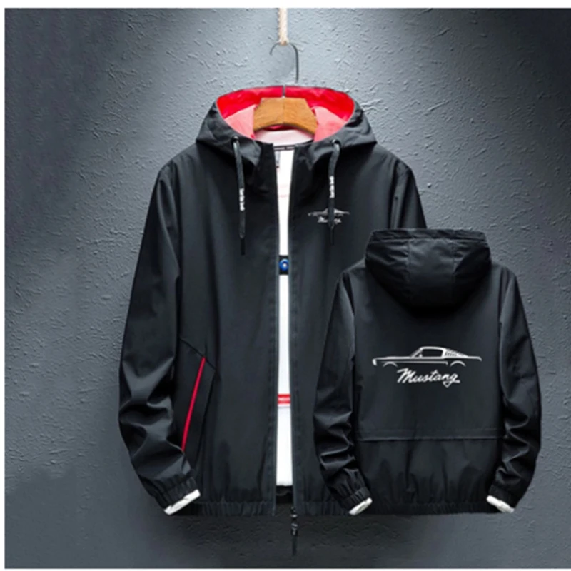 

New spring autumn Made Hoodies Splice Mustang Logo Waterproof Windbreaker Fashion Jacket Zipper Man's Casual Coats