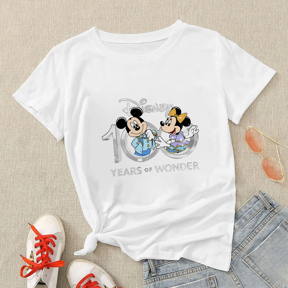 

100 Years of Wonder Disney T-shirts Classic Mickey Mouse Print Black Tops Aesthetic Harajuku Women Streetwear Casual